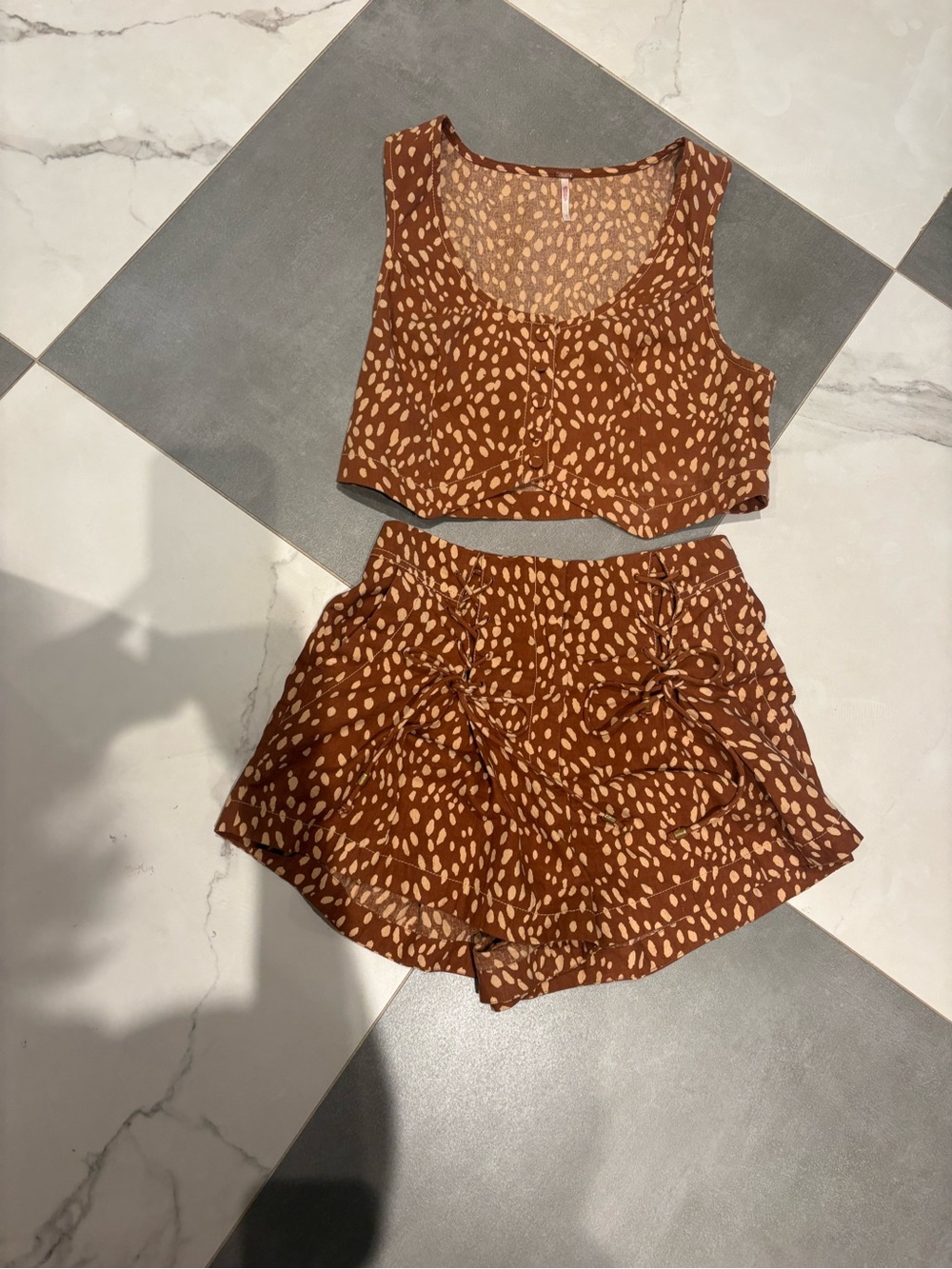 Free People Brown & Cream Printed Crop Tank and Shorts Sleep Set